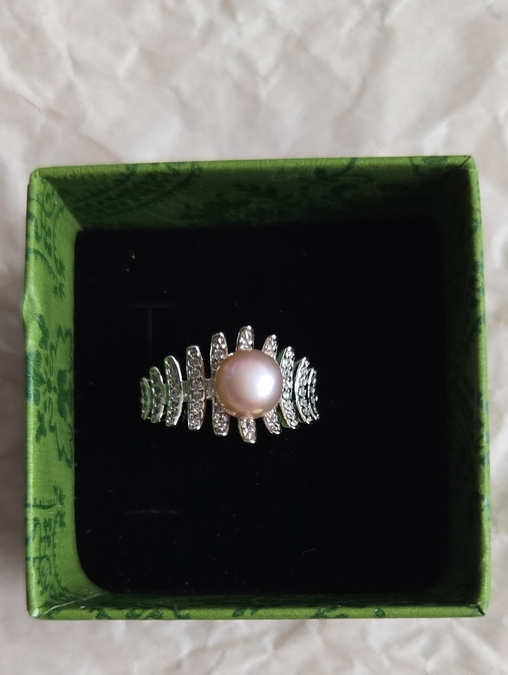 Freshwater Pearl and Crystal Silver Ring - Tan Color Pearl